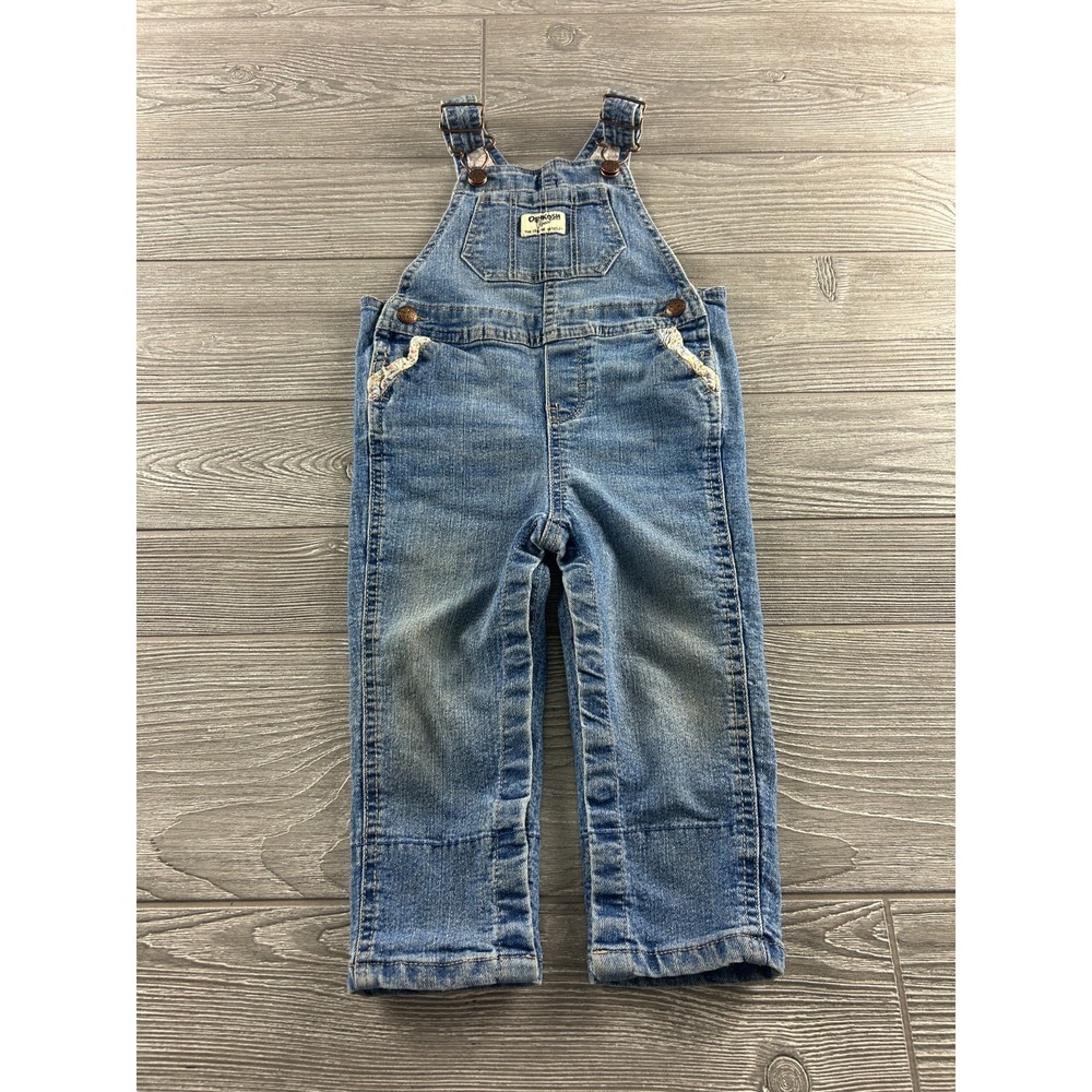 OshKosh B'Gosh Denim Overalls Floral Accents Adjustable Straps Toddler Size 18M